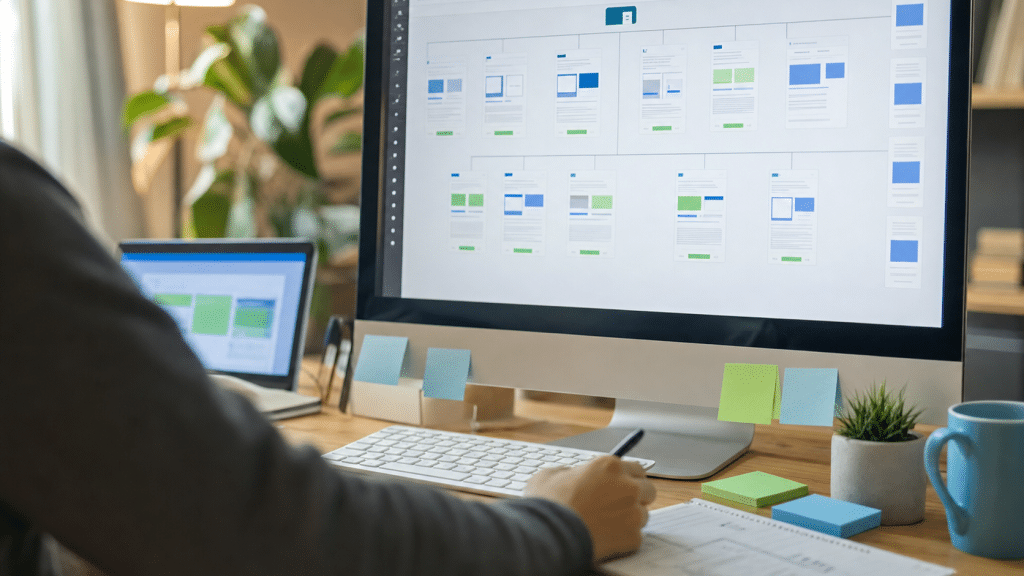 pagination seo best practices — developer reviewing a multi-page product catalogue sitemap on a large monitor