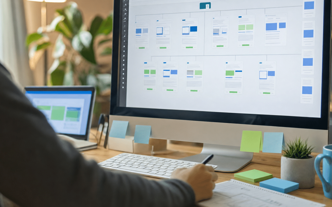 pagination seo best practices — developer reviewing a multi-page product catalogue sitemap on a large monitor