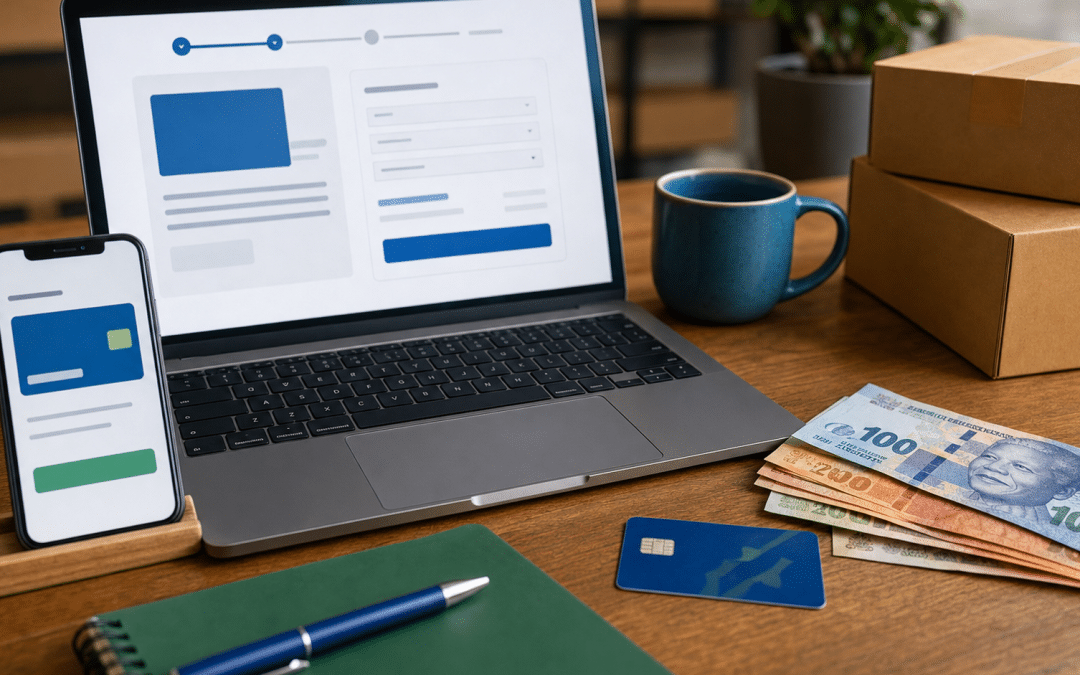 payment gateway fees comparison south africa — laptop showing ecommerce checkout with Rand banknotes and credit card on desk