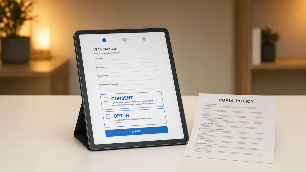 popia compliant lead generation — tablet showing an opt-in form beside a printed POPIA policy document on a white desk