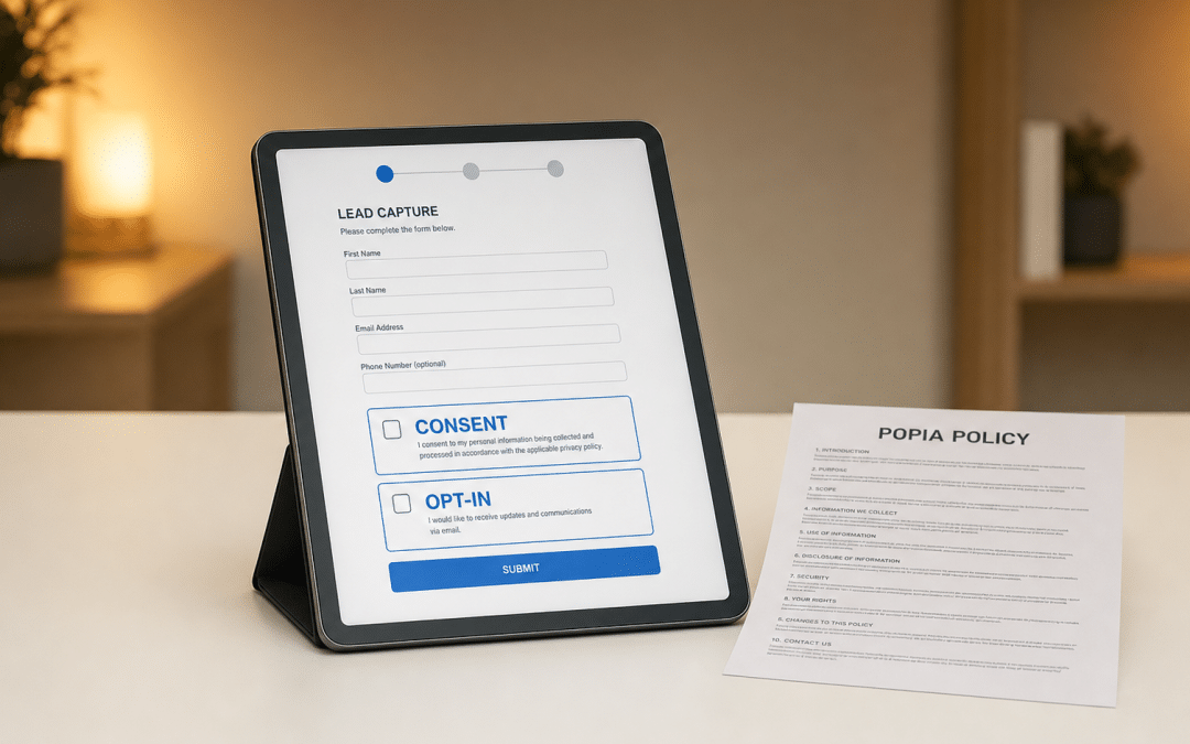 popia compliant lead generation — tablet showing an opt-in form beside a printed POPIA policy document on a white desk