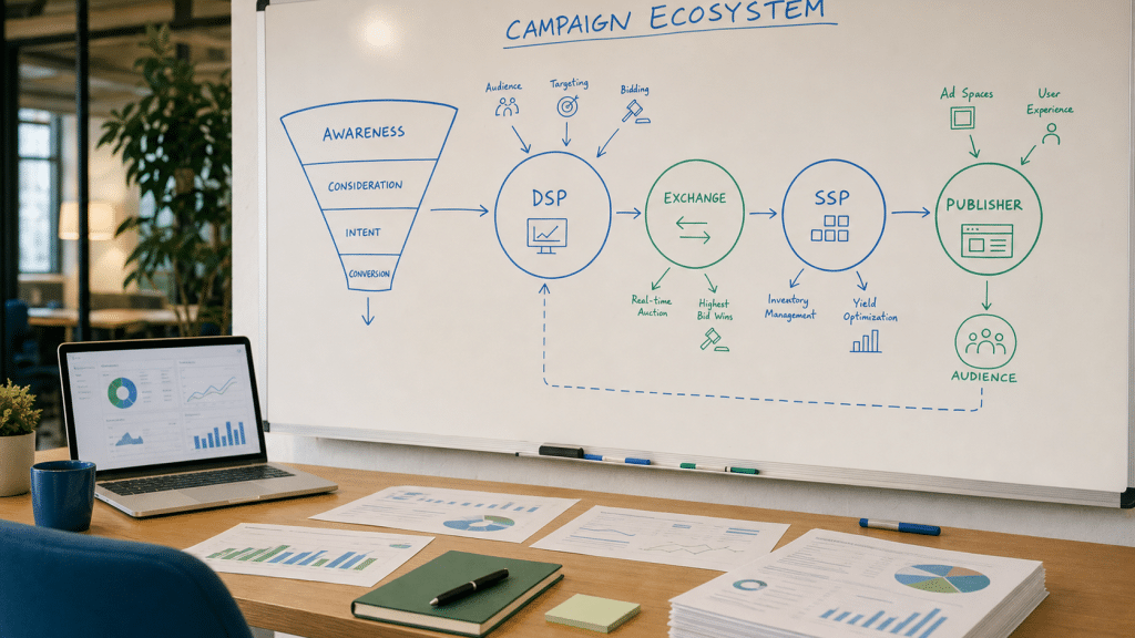 programmatic advertising South Africa whiteboard diagram showing campaign ecosystem and real-time bidding flow