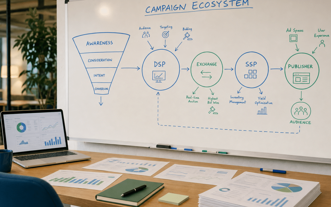 programmatic advertising South Africa whiteboard diagram showing campaign ecosystem and real-time bidding flow