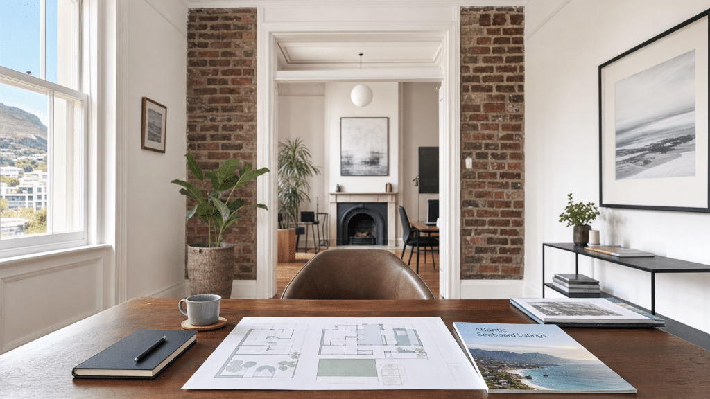 Real estate marketing Cape Town — sunlit Cape Town estate agency office desk with property floor plans and listings brochure