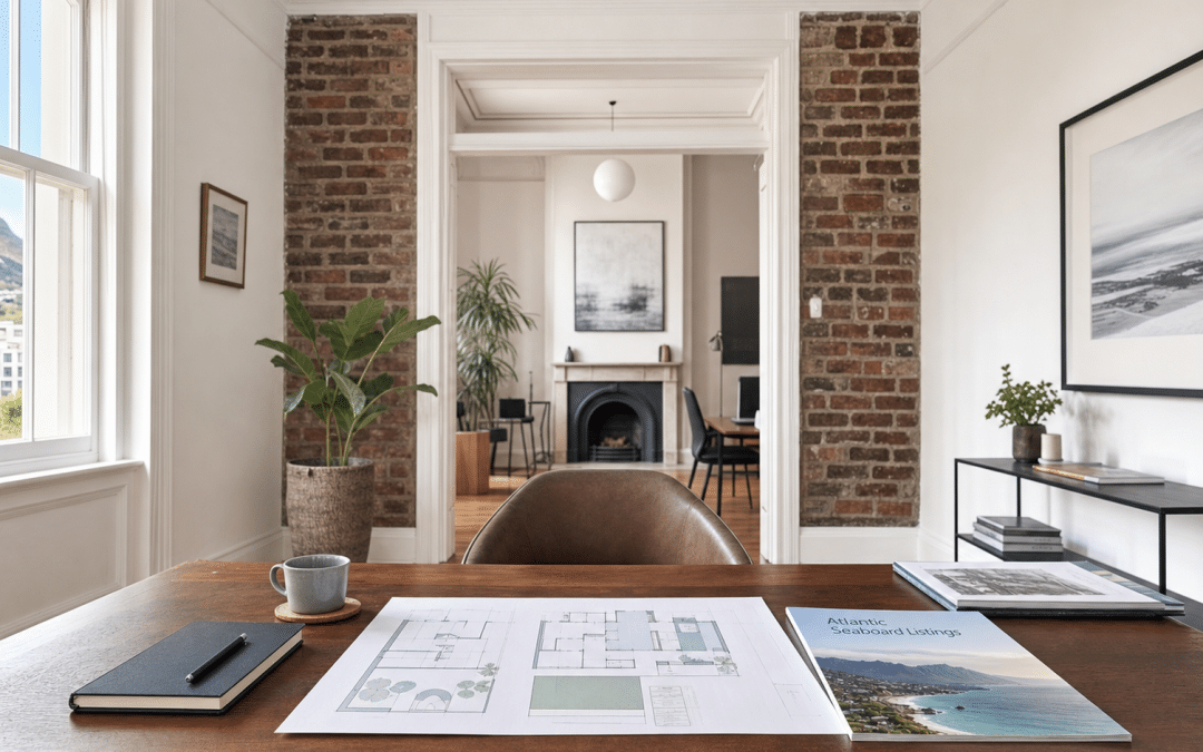 Real estate marketing Cape Town — sunlit Cape Town estate agency office desk with property floor plans and listings brochure