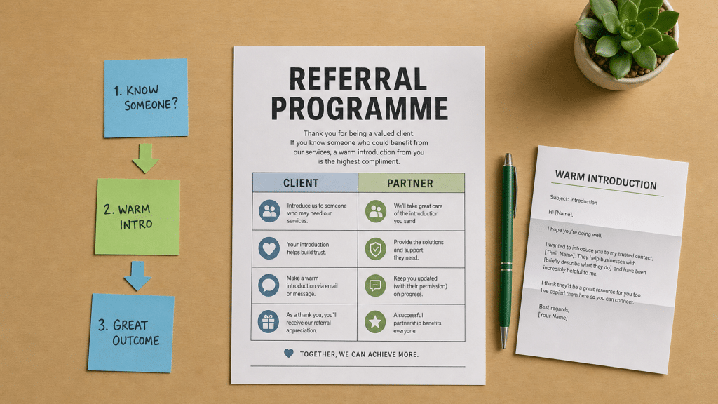 Referral marketing b2b flat-lay showing a printed referral programme document, sticky notes, arrow cutouts and an introduction email template on a light wooden desk