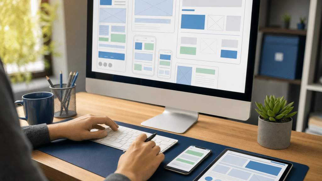 responsive web design best practices — developer reviewing mobile and desktop wireframes on dual screens