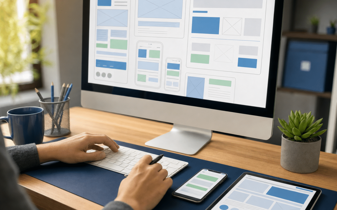 responsive web design best practices — developer reviewing mobile and desktop wireframes on dual screens