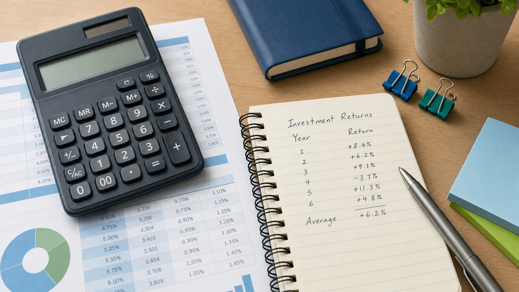 roas benchmarks south africa — editorial flat-lay of ad spend calculation tools on a wooden desk