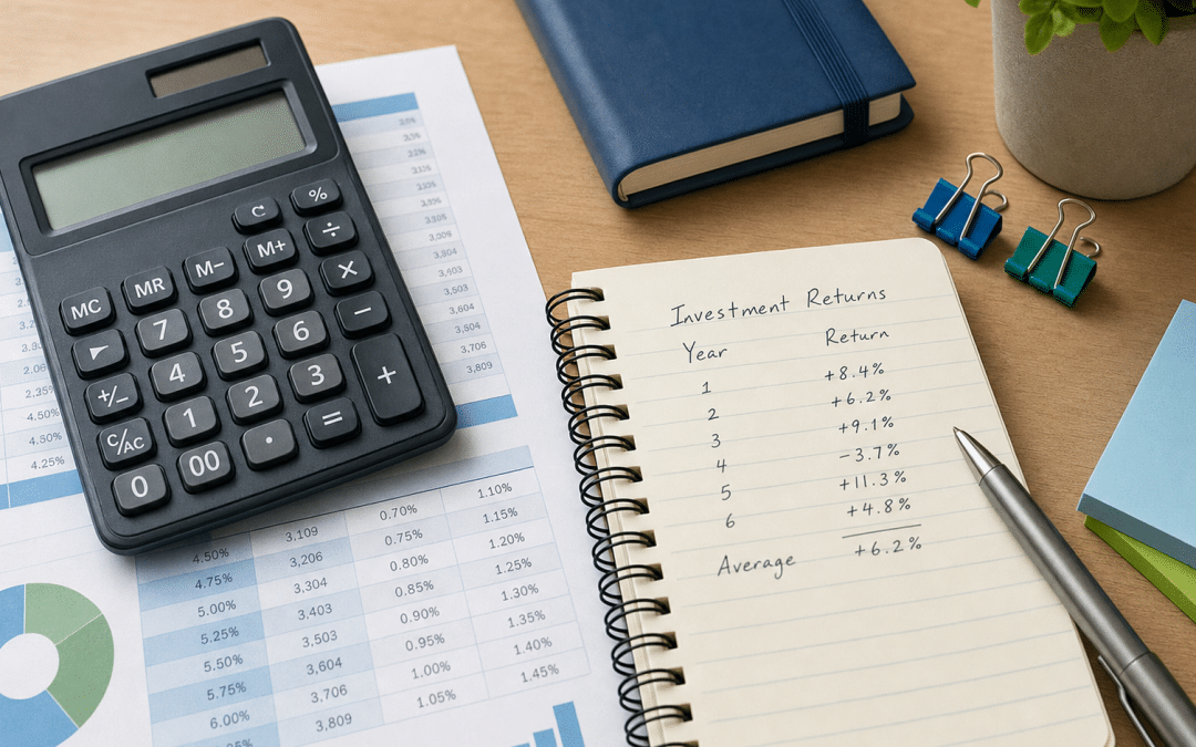 roas benchmarks south africa — editorial flat-lay of ad spend calculation tools on a wooden desk