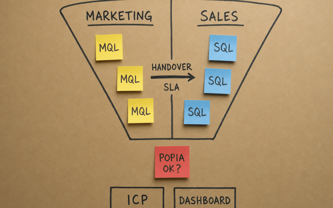Sales marketing alignment diagram on kraft paper showing MQL to SQL handover funnel with ICP and SLA labels