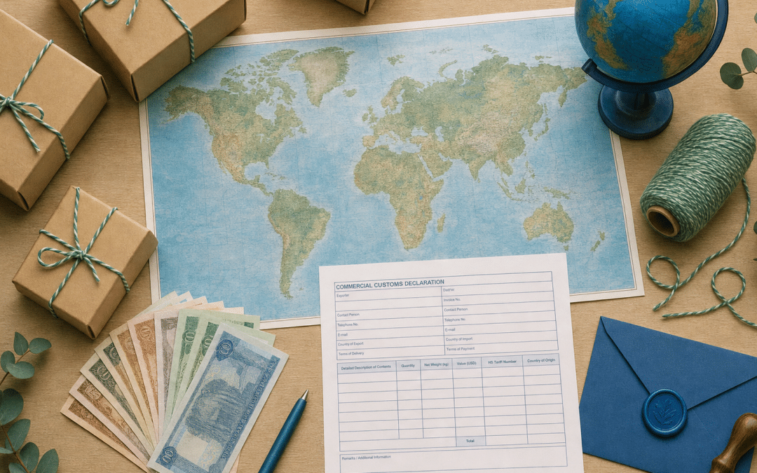 selling internationally from south africa - world map shipping boxes and currency notes flat lay on wooden desk