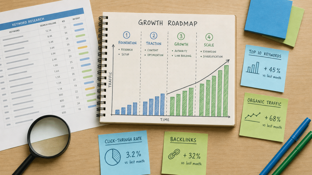 seo case study south africa — notebook with organic growth chart and keyword research notes