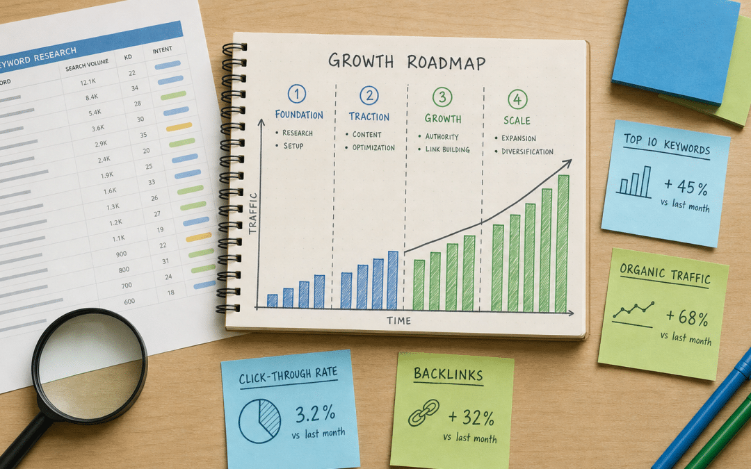 seo case study south africa — notebook with organic growth chart and keyword research notes