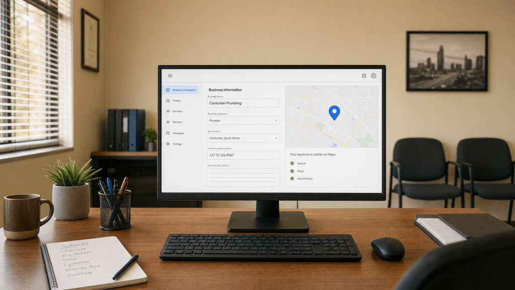 seo centurion — a small Centurion business office desk with a monitor showing a Google Business Profile listing
