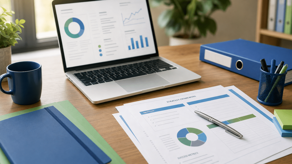 seo competitor analysis — laptop and strategy worksheets on a South African business desk