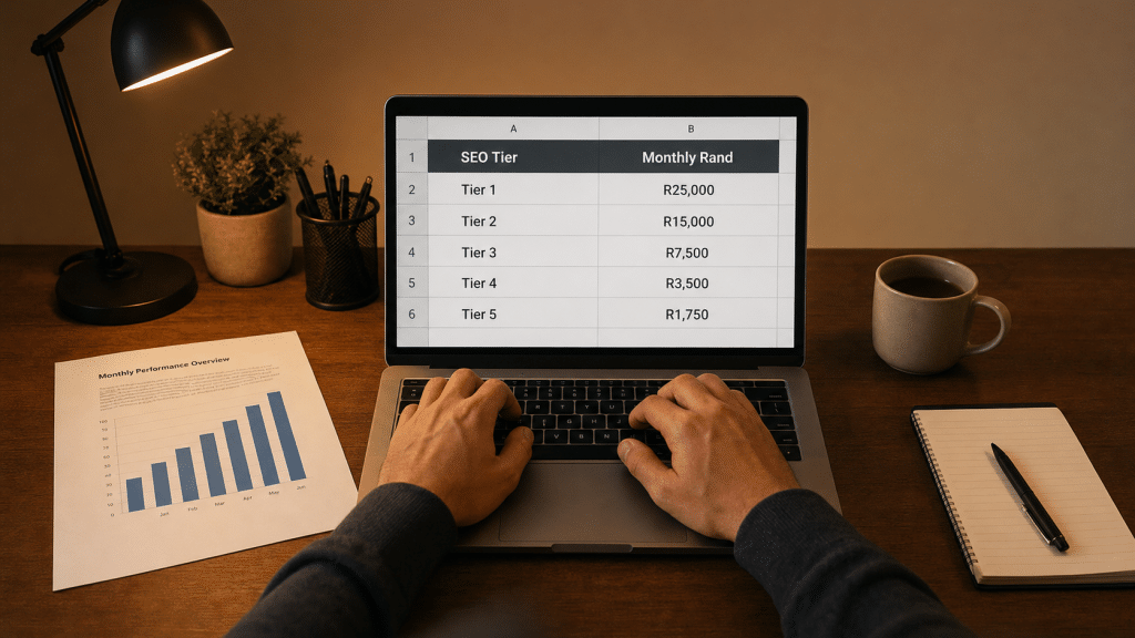 seo cost cape town — over-the-shoulder view of hands reviewing an SEO budget spreadsheet on a laptop with warm side lighting
