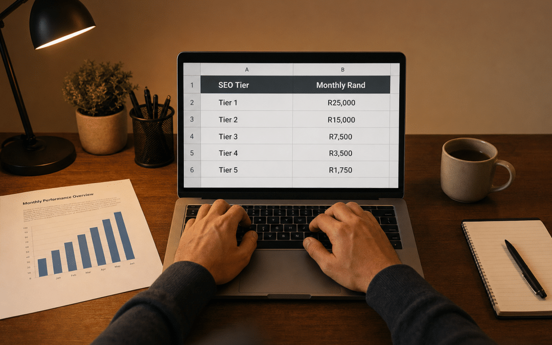 seo cost cape town — over-the-shoulder view of hands reviewing an SEO budget spreadsheet on a laptop with warm side lighting