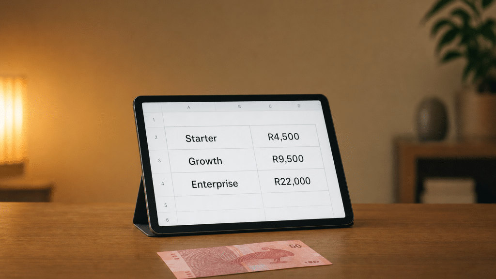 seo cost durban pricing tiers displayed on a tablet screen beside a South African banknote on a wooden desk
