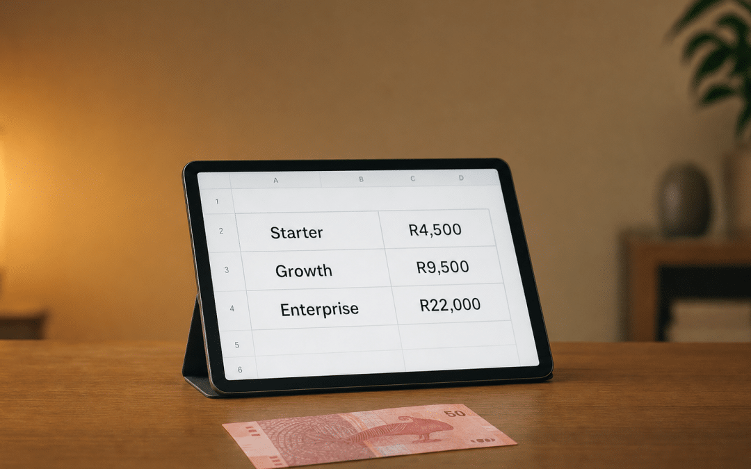 seo cost durban pricing tiers displayed on a tablet screen beside a South African banknote on a wooden desk