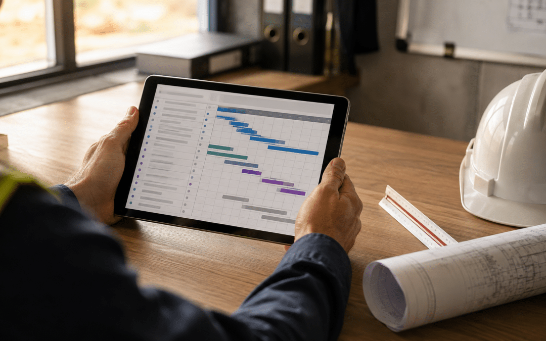 seo for construction companies — over-the-shoulder view of hands reviewing a project schedule on a tablet at a site office desk