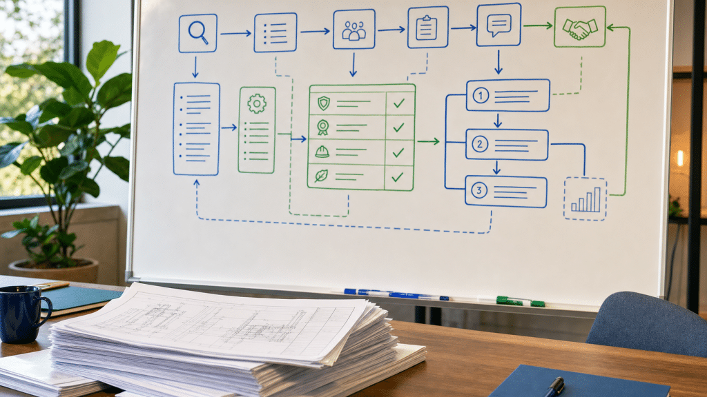 seo for manufacturers south africa whiteboard showing industrial buyer research journey and capability keyword mapping