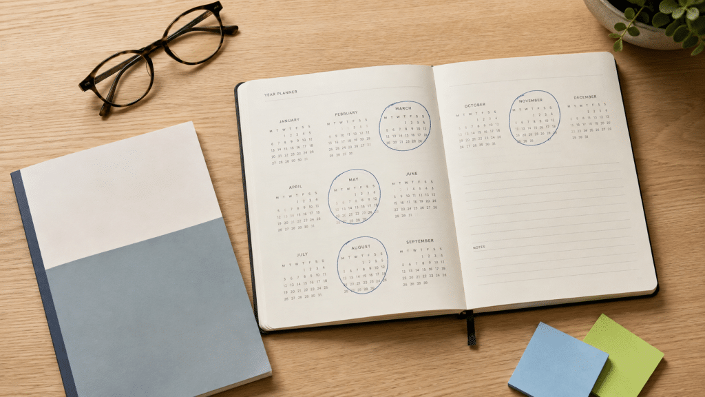 seo for private schools — a flat-lay of a school enrolment calendar, prospectus and pen on a light wooden desk