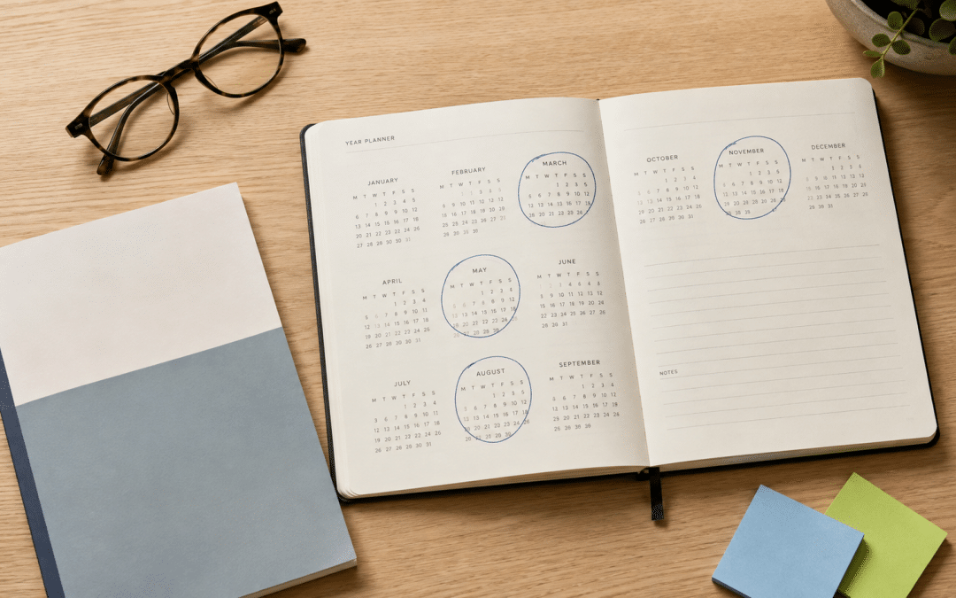 seo for private schools — a flat-lay of a school enrolment calendar, prospectus and pen on a light wooden desk