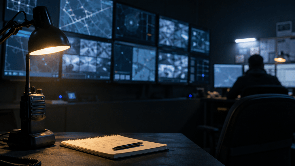 seo for security companies — a South African security control room with wall-mounted monitors and a desk radio in low ambient light