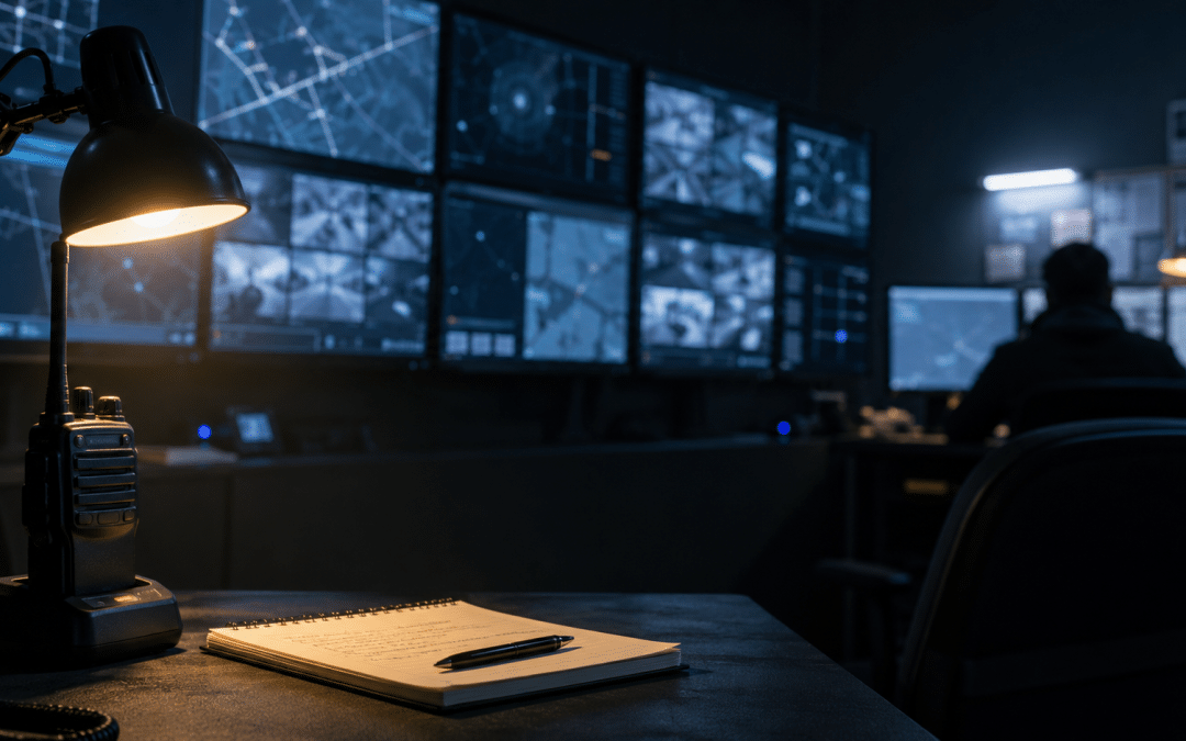 seo for security companies — a South African security control room with wall-mounted monitors and a desk radio in low ambient light
