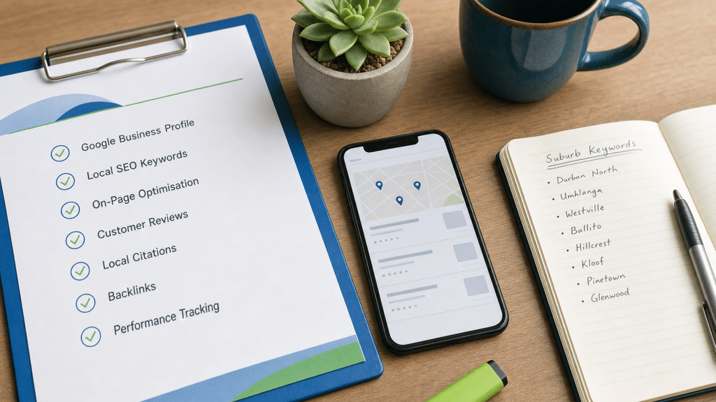 seo for service businesses south africa — workspace flat-lay with Google Maps local pack and keyword notes