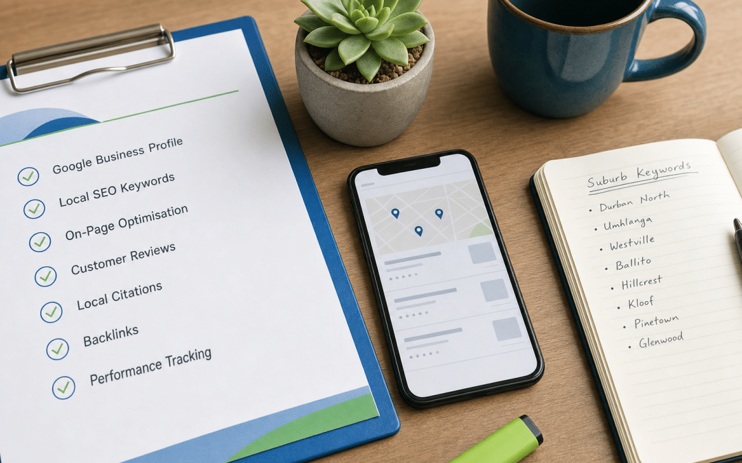 seo for service businesses south africa — workspace flat-lay with Google Maps local pack and keyword notes