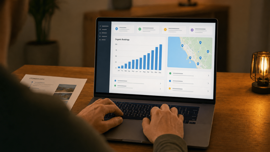 seo for tourism — over-the-shoulder view of hands at a laptop showing an organic bookings analytics dashboard with a rising bar chart and a coastal map