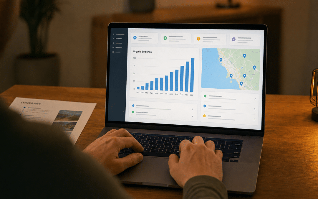 seo for tourism — over-the-shoulder view of hands at a laptop showing an organic bookings analytics dashboard with a rising bar chart and a coastal map