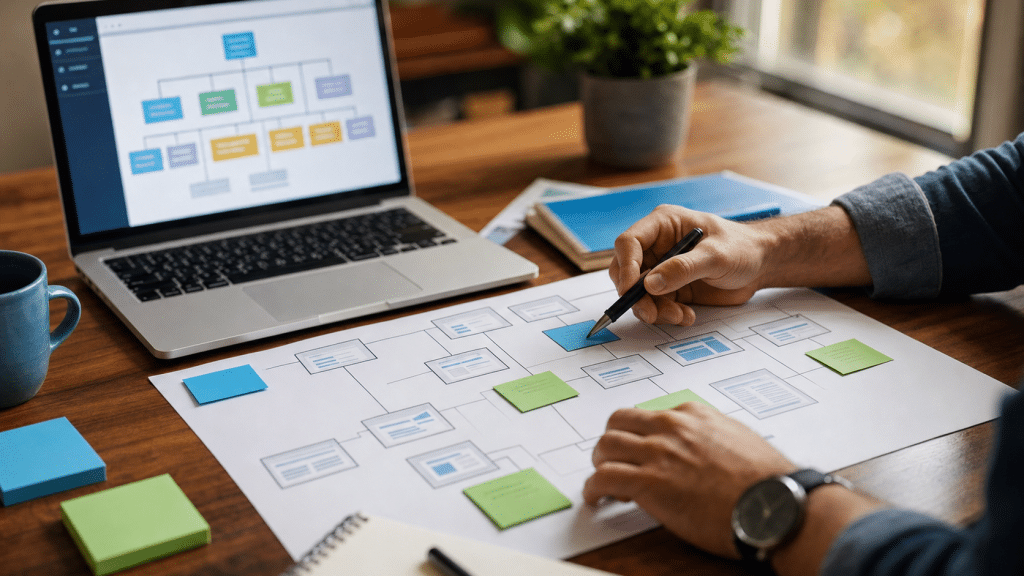 seo internal linking strategy — over-the-shoulder view of SEO professional reviewing a site architecture diagram with blue and green accent notes on a wooden desk