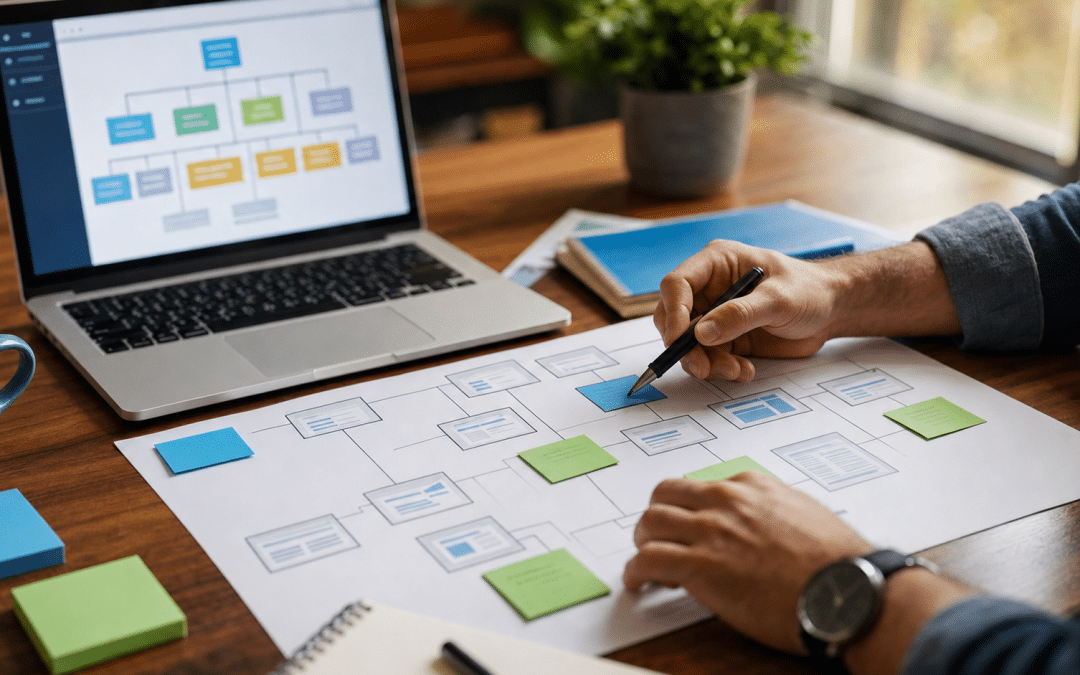 seo internal linking strategy — over-the-shoulder view of SEO professional reviewing a site architecture diagram with blue and green accent notes on a wooden desk
