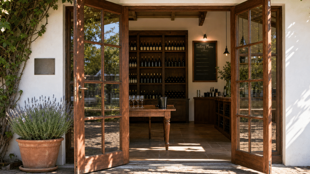 SEO Stellenbosch wine estate tasting room interior viewed through open wooden doors with chalkboard menu and bottle shelves