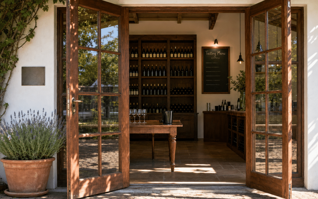 SEO Stellenbosch wine estate tasting room interior viewed through open wooden doors with chalkboard menu and bottle shelves