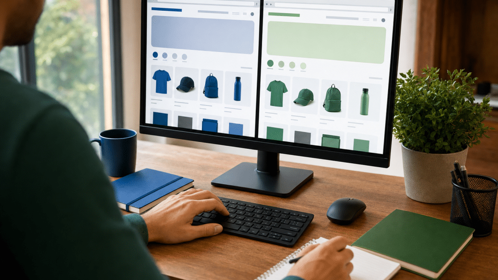 shopify vs takealot south africa — person comparing two ecommerce platform options at a wooden desk