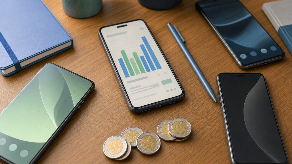 smartphone usage south africa 2026 — smartphones on desk with data charts and South African rand coins
