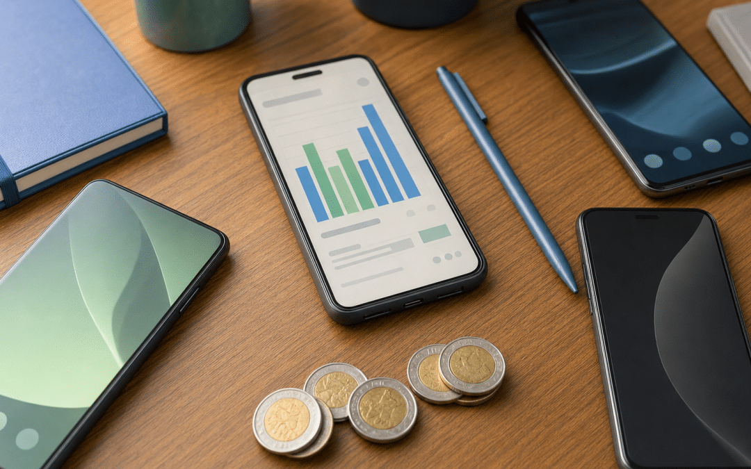 smartphone usage south africa 2026 — smartphones on desk with data charts and South African rand coins