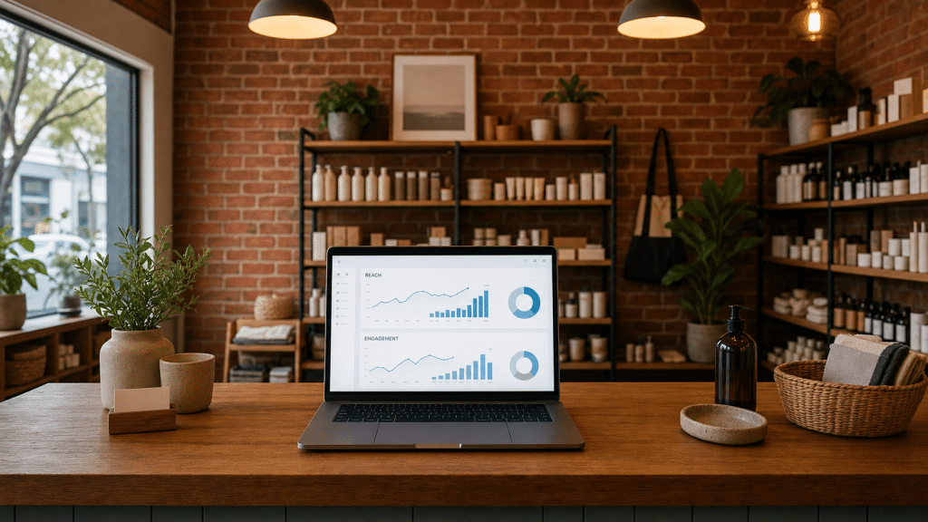 Social media marketing Cape Town analytics dashboard on a laptop inside a small Cape Town retail shop with warm ambient lighting