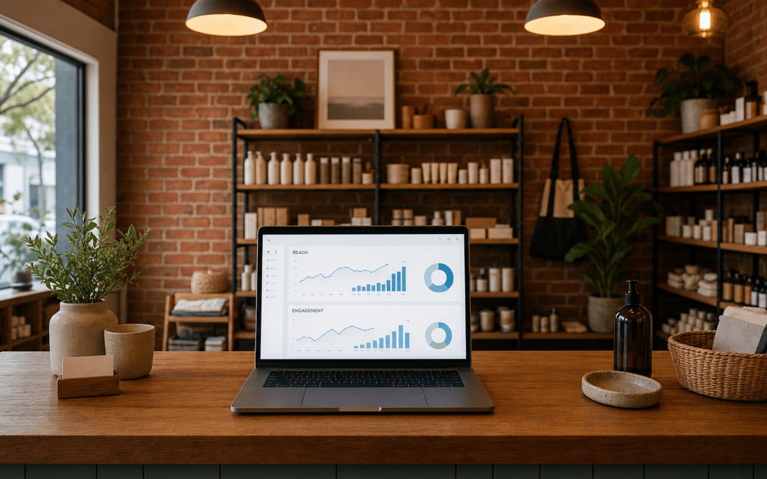 Social media marketing Cape Town analytics dashboard on a laptop inside a small Cape Town retail shop with warm ambient lighting