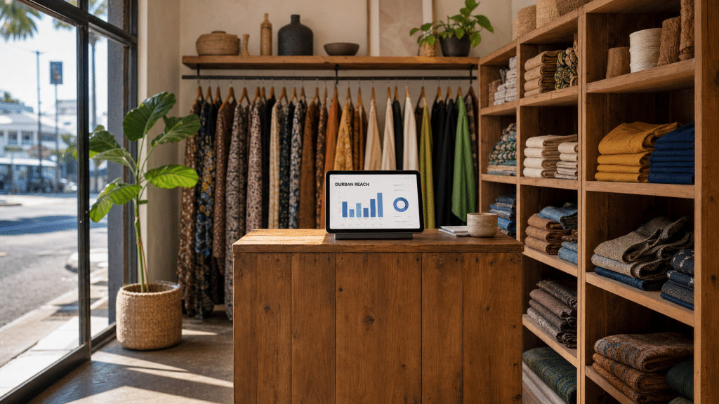 Social media marketing Durban analytics displayed on a tablet inside a small KZN boutique with natural shopfront light