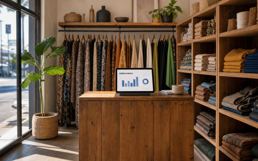 Social media marketing Durban analytics displayed on a tablet inside a small KZN boutique with natural shopfront light