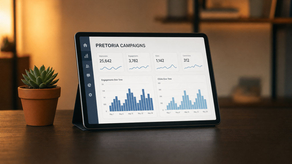 Social media marketing Pretoria analytics dashboard on a tablet beside a small succulent plant on a wooden desk