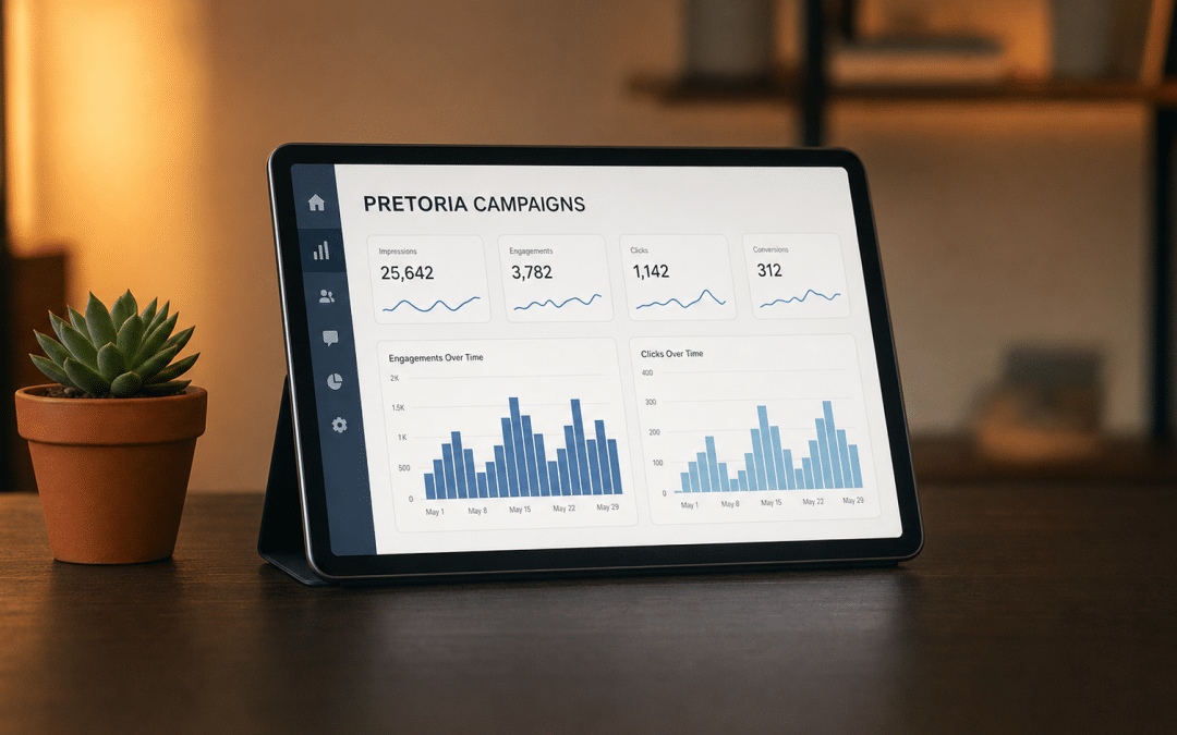 Social media marketing Pretoria analytics dashboard on a tablet beside a small succulent plant on a wooden desk