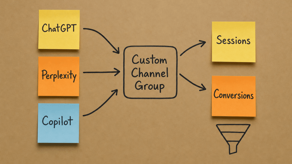 Tracking AI referral traffic flowchart on kraft paper showing ChatGPT, Perplexity and Copilot sticky notes feeding into a custom channel group box with arrows to sessions and conversions