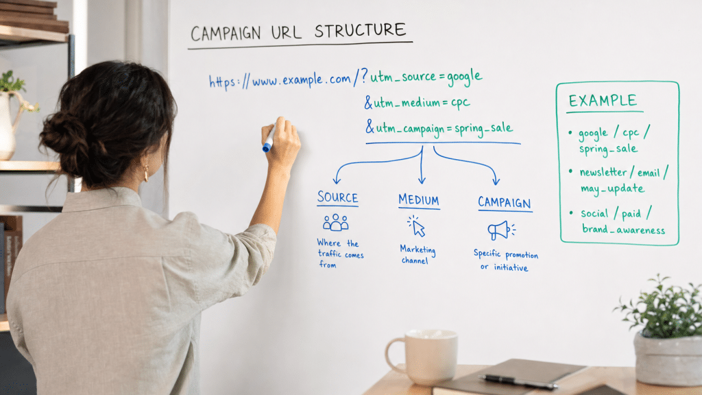 utm tracking whiteboard diagram showing UTM parameter structure for South African digital campaigns
