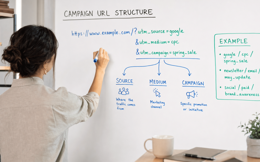 utm tracking whiteboard diagram showing UTM parameter structure for South African digital campaigns